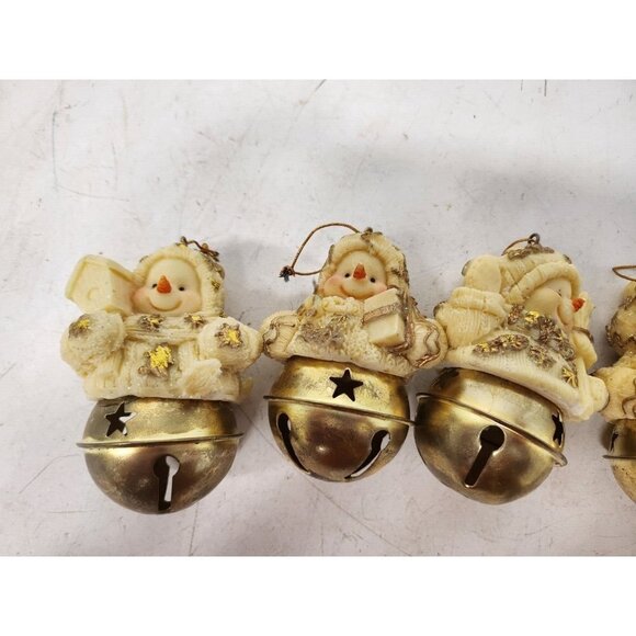 Vintage Snowman Christmas Tree Ornaments With Bells Resin And Brass Set Of 5 - Picture 3 of 8